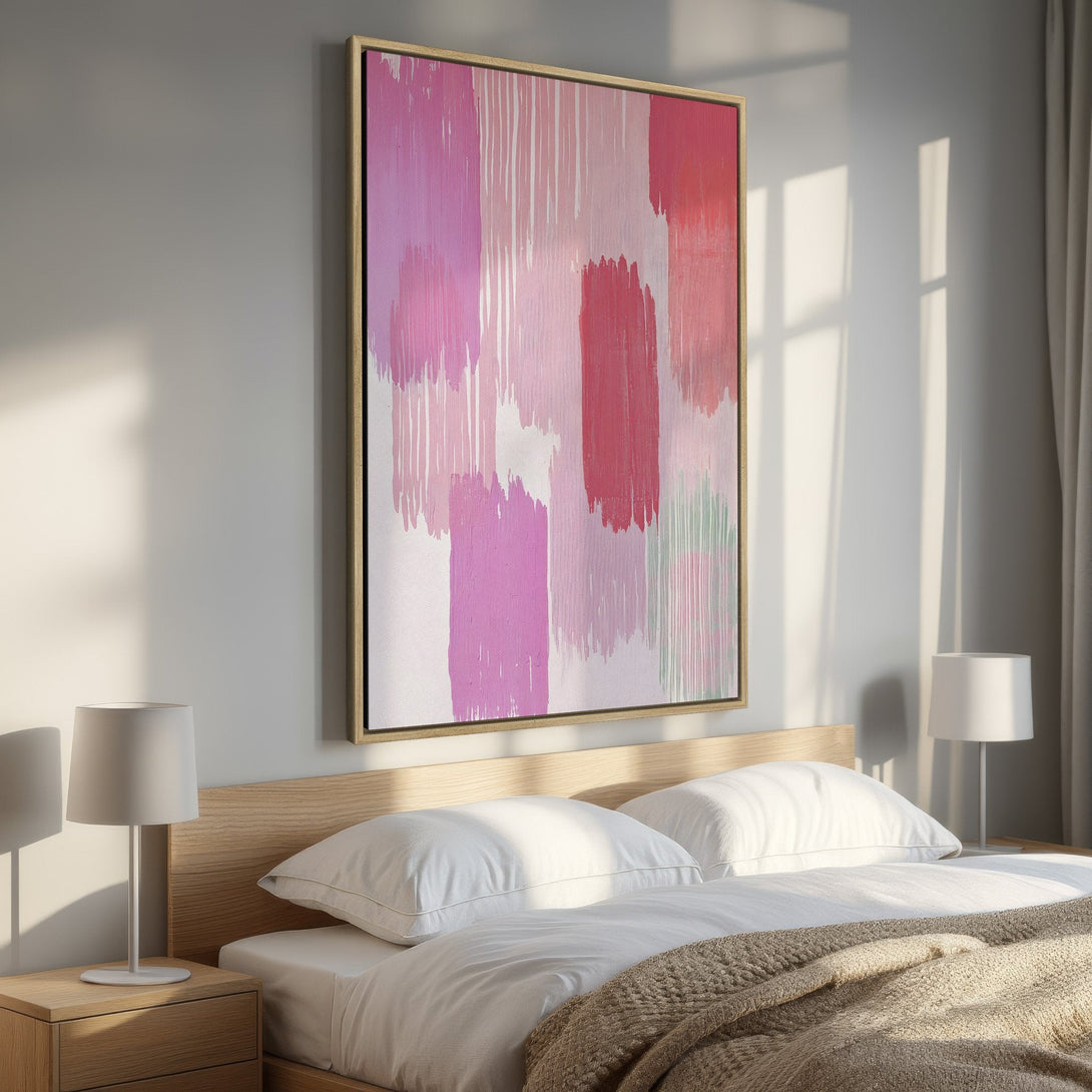 Framed Wall Art: Abstract pink brushstroke painting. Modern art canvas print with a warm, inviting color palette. Perfect bedroom decor.