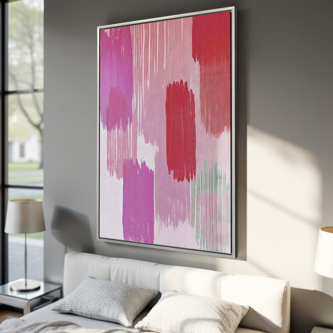 Framed Wall Art: Abstract brushstroke design in pink and red hues. Modern canvas print adds a pop of color to any room. Shop now for stylish wall decor!
