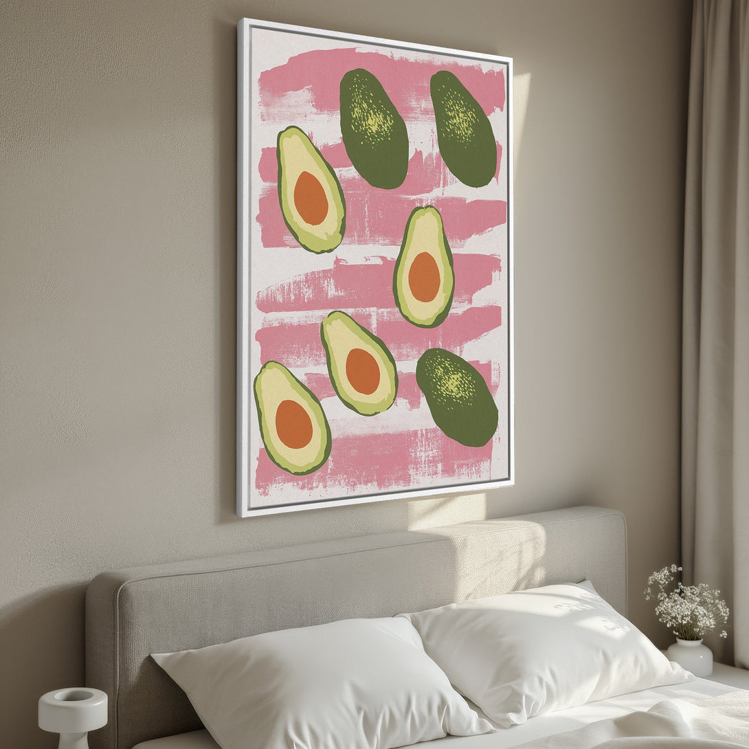 Framed Wall Art featuring an avocado design in a modern, abstract style. Pink and green color palette adds a fresh, vibrant touch to any interior.