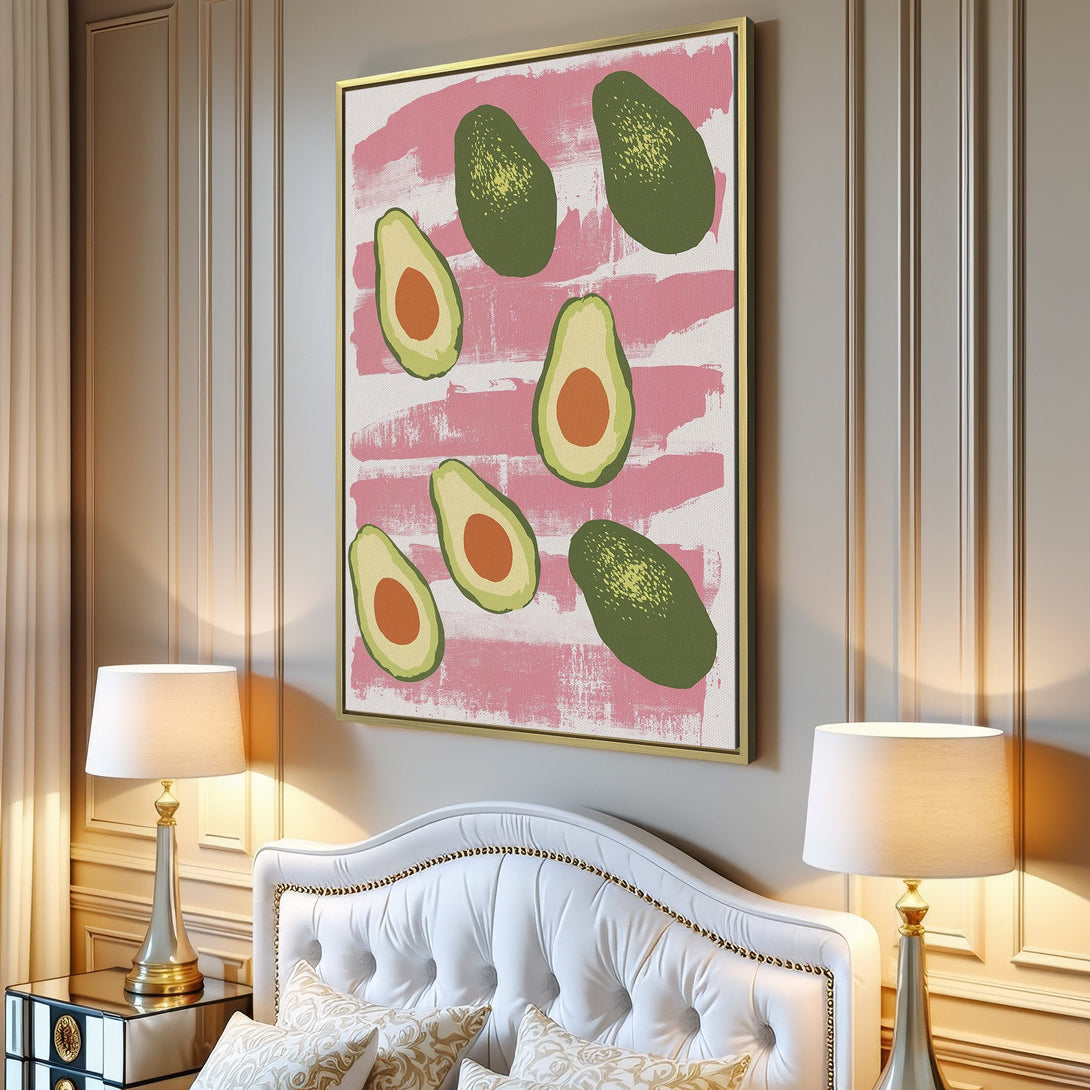 Canvas Print featuring a modern avocado art print with a pink and green color palette, perfect for kitchen or dining room decor.