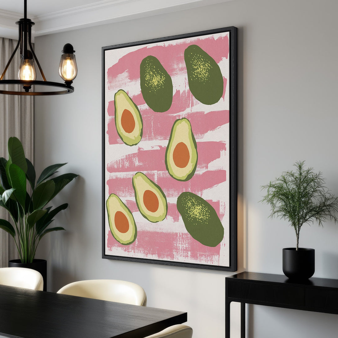 Framed Wall Art: Modern avocado print with a pink and green color palette. Perfect for kitchen or dining room decor. Add a touch of fresh style to your space!