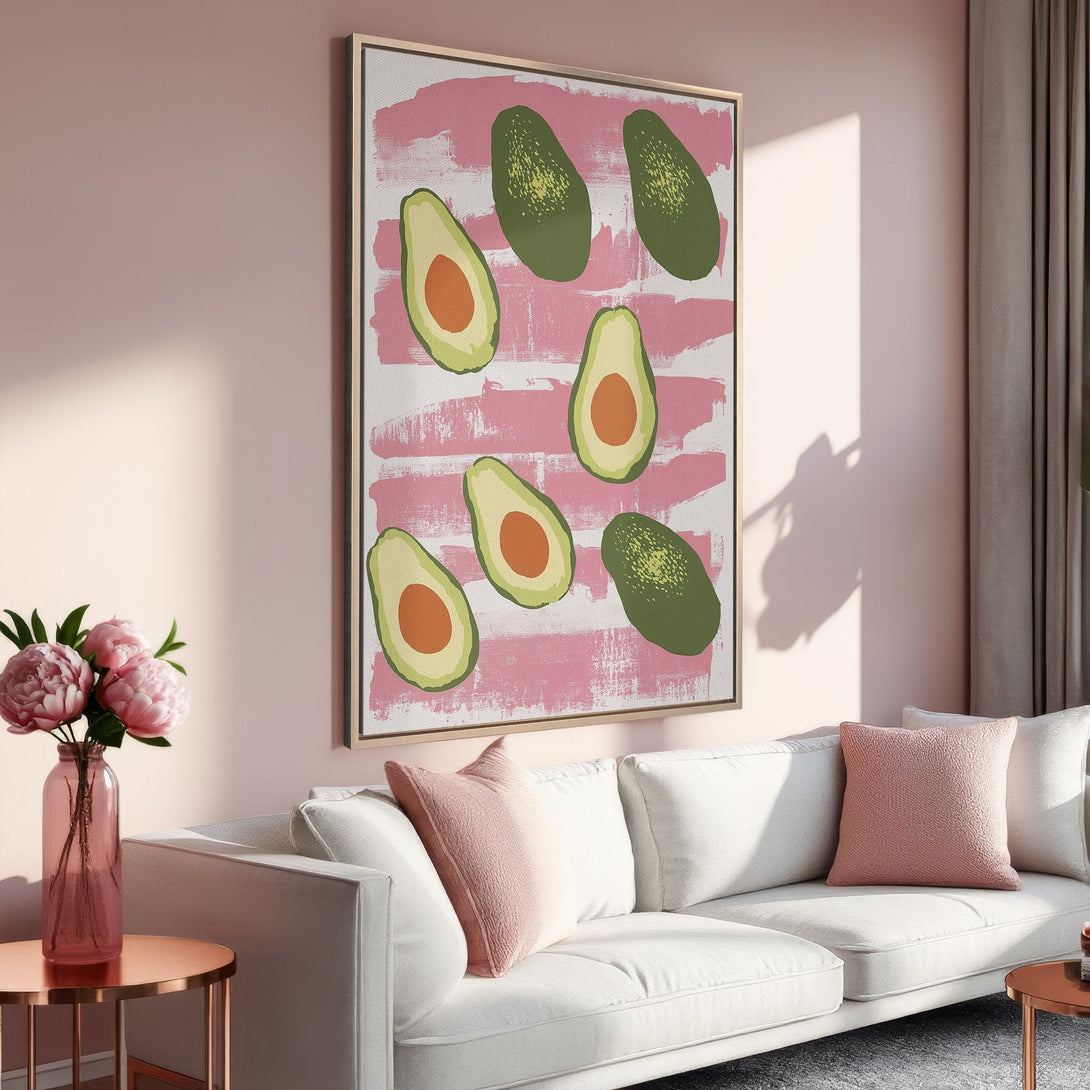 Framed Wall Art featuring an avocado design in a modern, abstract style. Pink and green color palette adds a touch of freshness and style to any room.