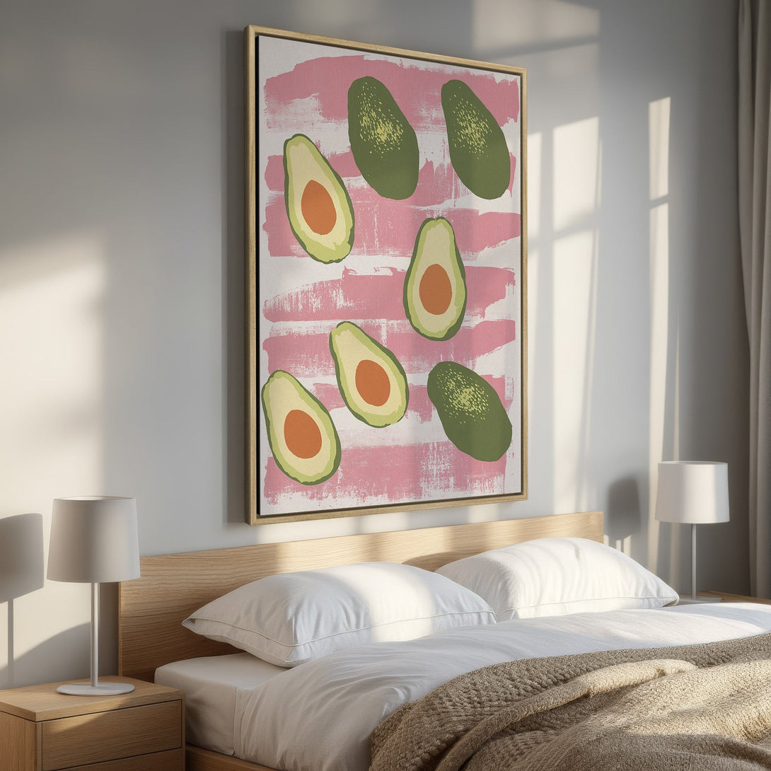Framed Wall Art featuring avocado illustration in a modern style. Pink & green color palette. Perfect for kitchen or bedroom decor. Shop now!