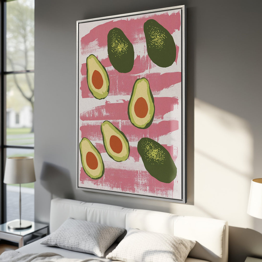 Framed Wall Art featuring abstract avocado design in green, pink, and orange. Modern canvas print adds a pop of color to any room.