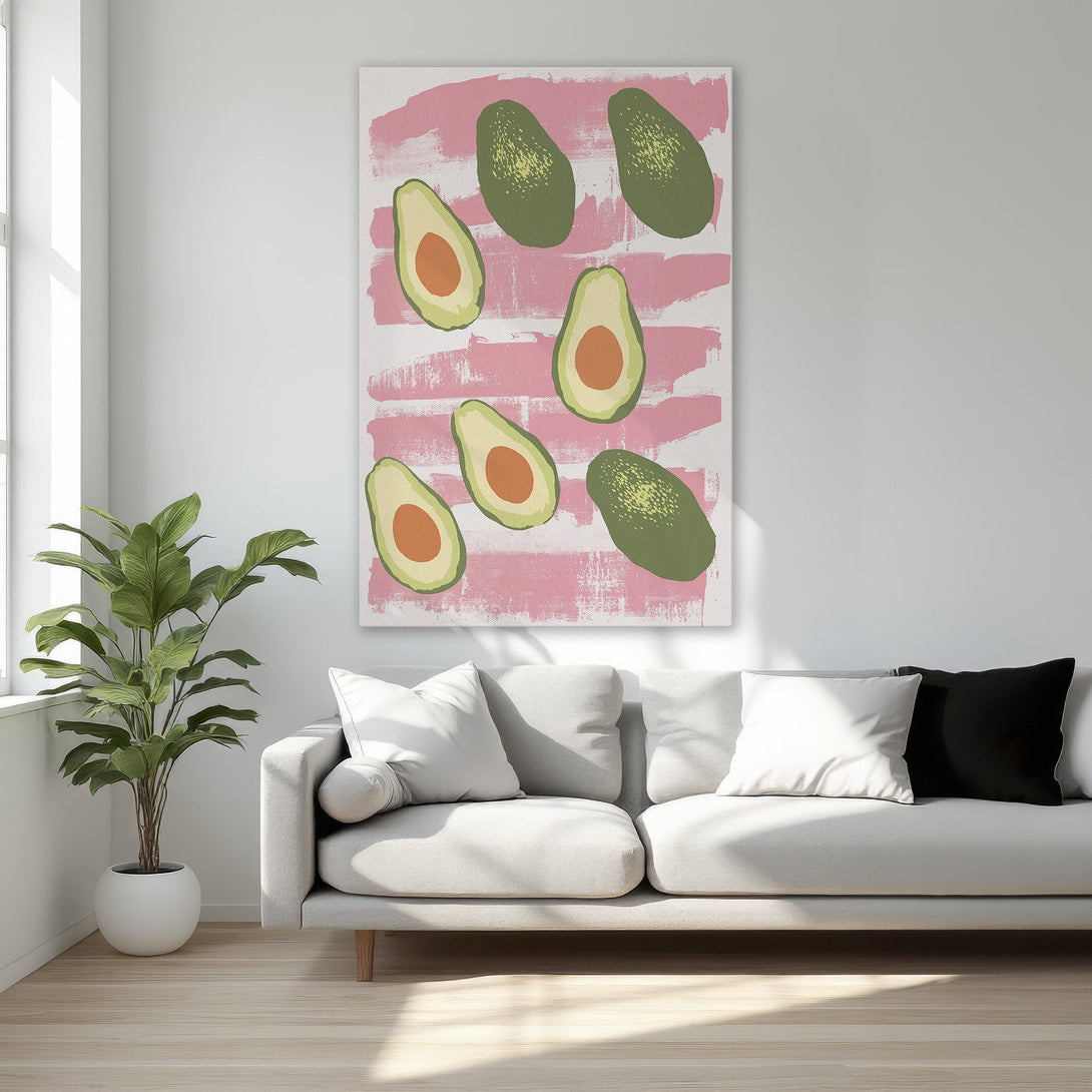 Framed Wall Art featuring avocado art in a modern style, pink and green color palette, perfect for kitchen or dining room decor.
