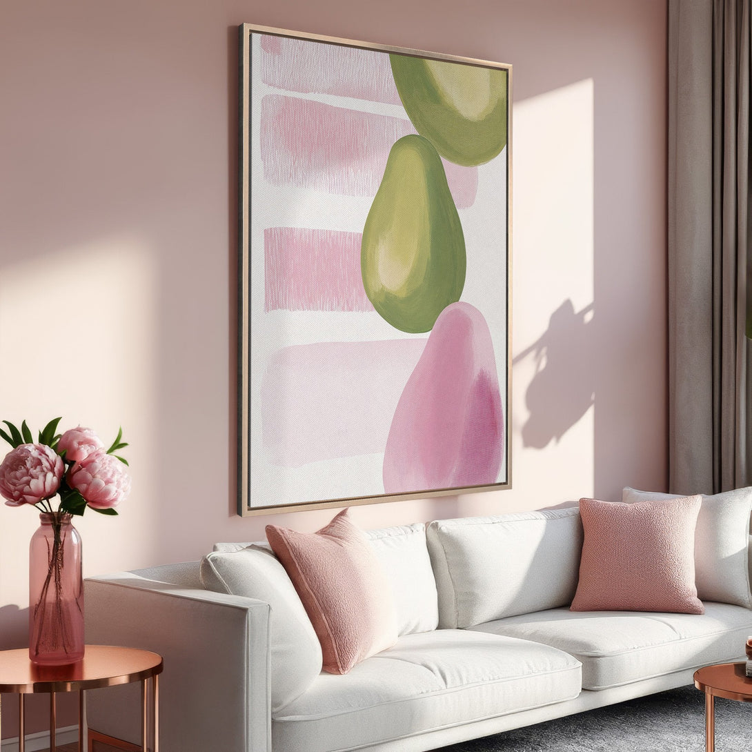 Framed Wall Art featuring abstract avocado and pink shapes in a modern style. Soft, feminine color palette perfect for living room decor.