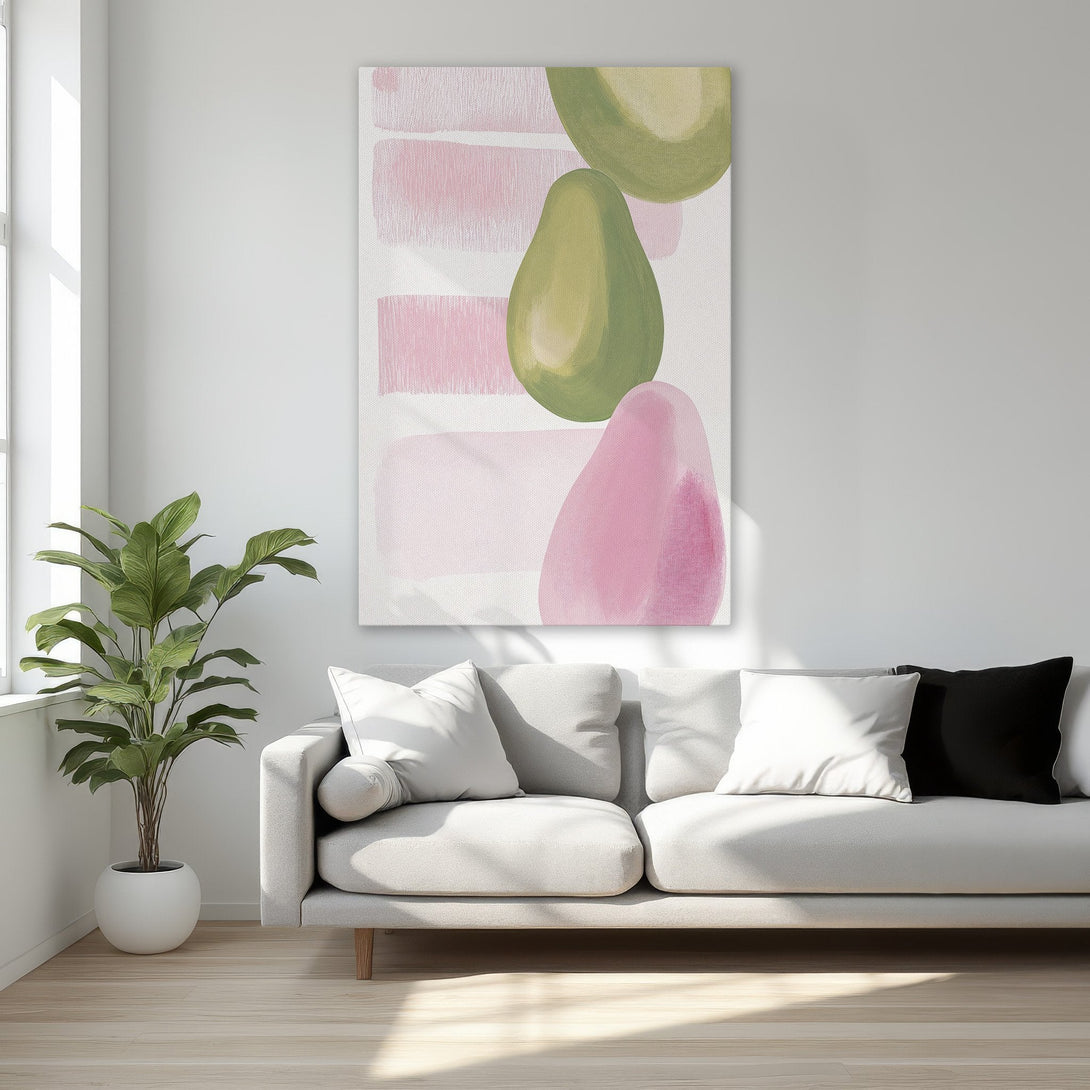 Framed Wall Art: Abstract art print in pink and green hues. Modern, minimalist style. Perfect for bedroom decor. Shop our Canvas Print collection today!