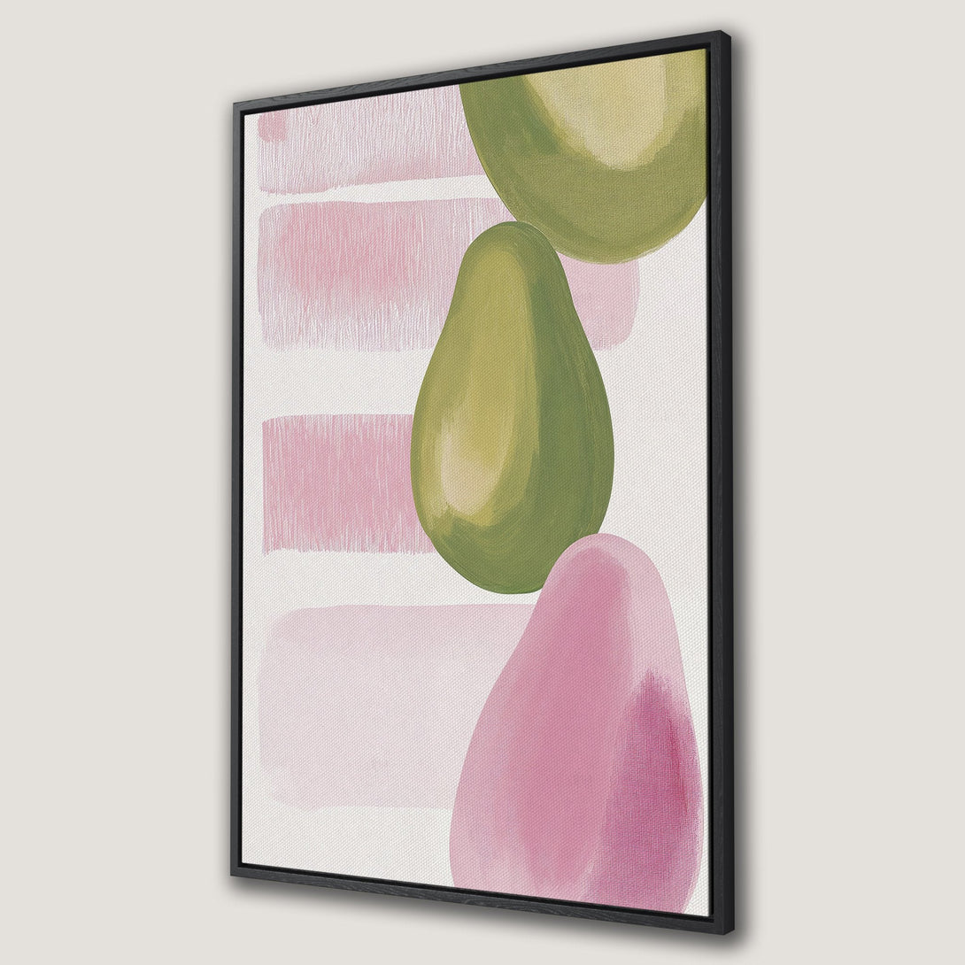 Framed Wall Art featuring abstract avocado shapes in a soft pink and green color palette. Modern art perfect for adding a touch of style to any space.