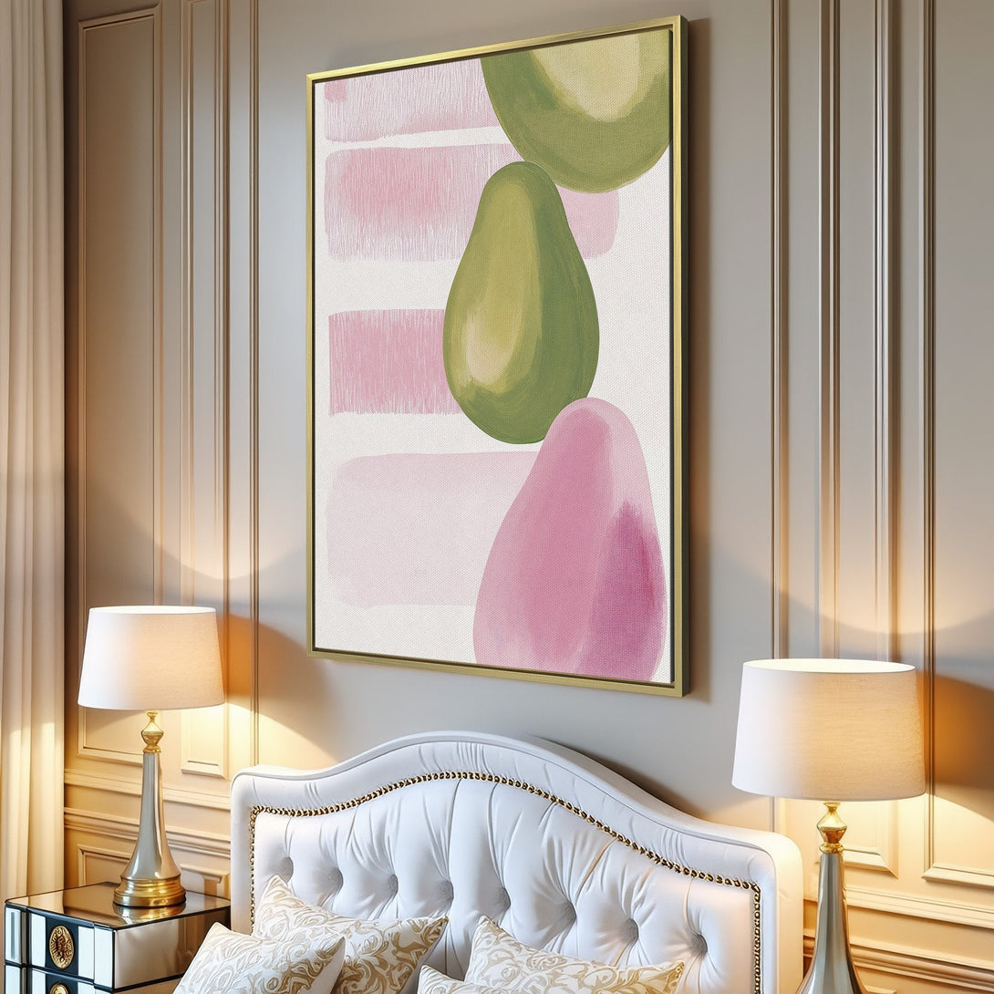Abstract Canvas Print with avocado shapes in pink and green tones. Modern art for your living room.