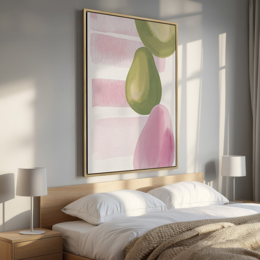 Abstract Canvas Print in a bedroom, featuring pink, green, and white shapes. Modern wall art with a minimalist style and a warm, inviting color palette.