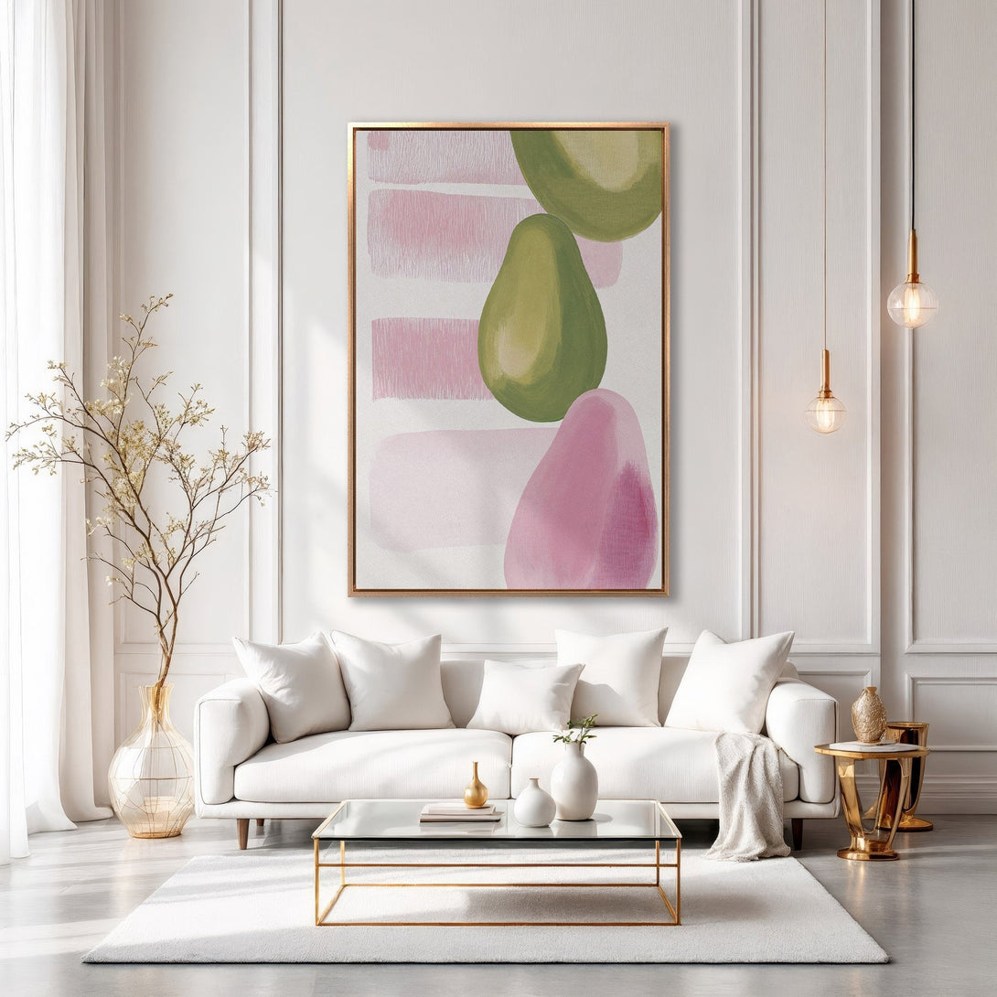 Framed Wall Art: Abstract art print in a modern interior. Features pink & green shapes on a white canvas, gold frame. Perfect for living room decor.