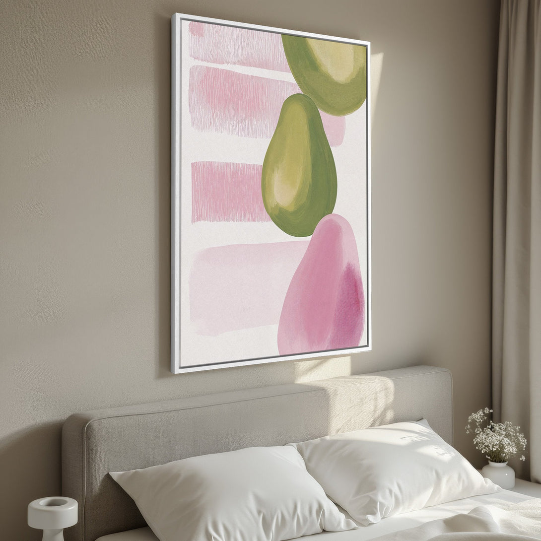 Framed Wall Art featuring abstract avocado shapes in pink and green, perfect for bedroom decor. Modern art with a calming color palette.