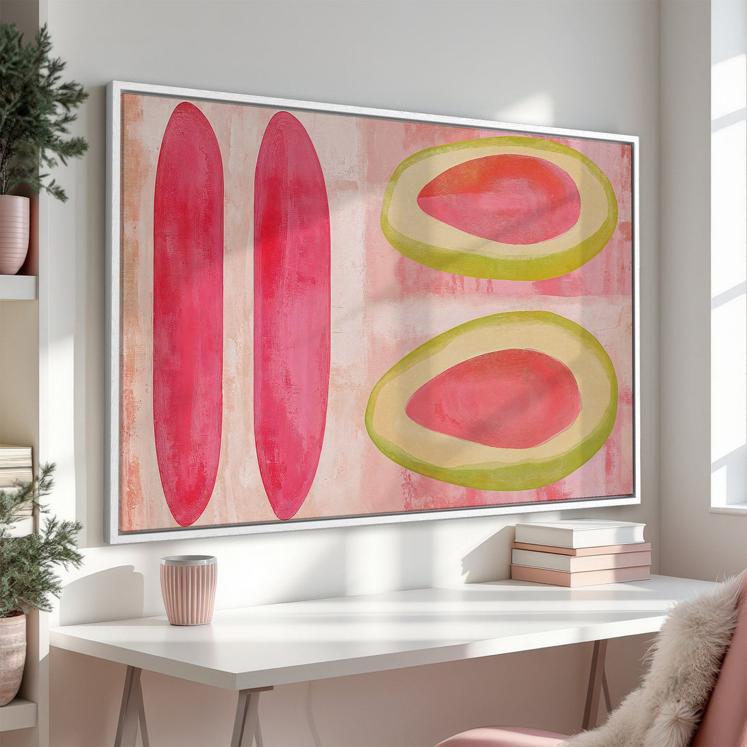 Framed Wall Art: Abstract pink & red shapes on canvas. Modern art with a soft, warm color palette. Perfect for adding a pop of color to any space.