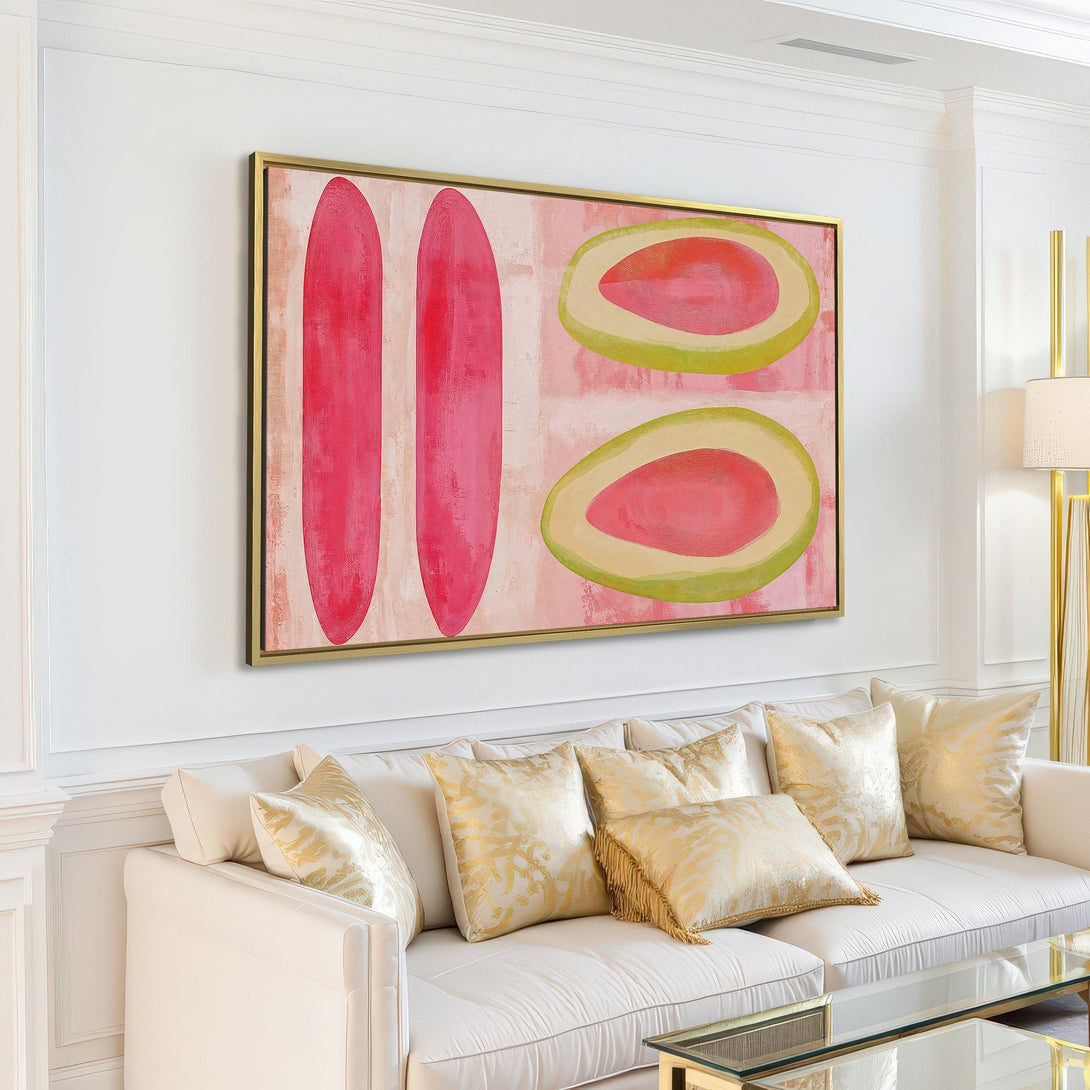 Abstract Canvas Print in a modern living room. Features pink and green fruit shapes on a light pink background. Perfect wall decor!