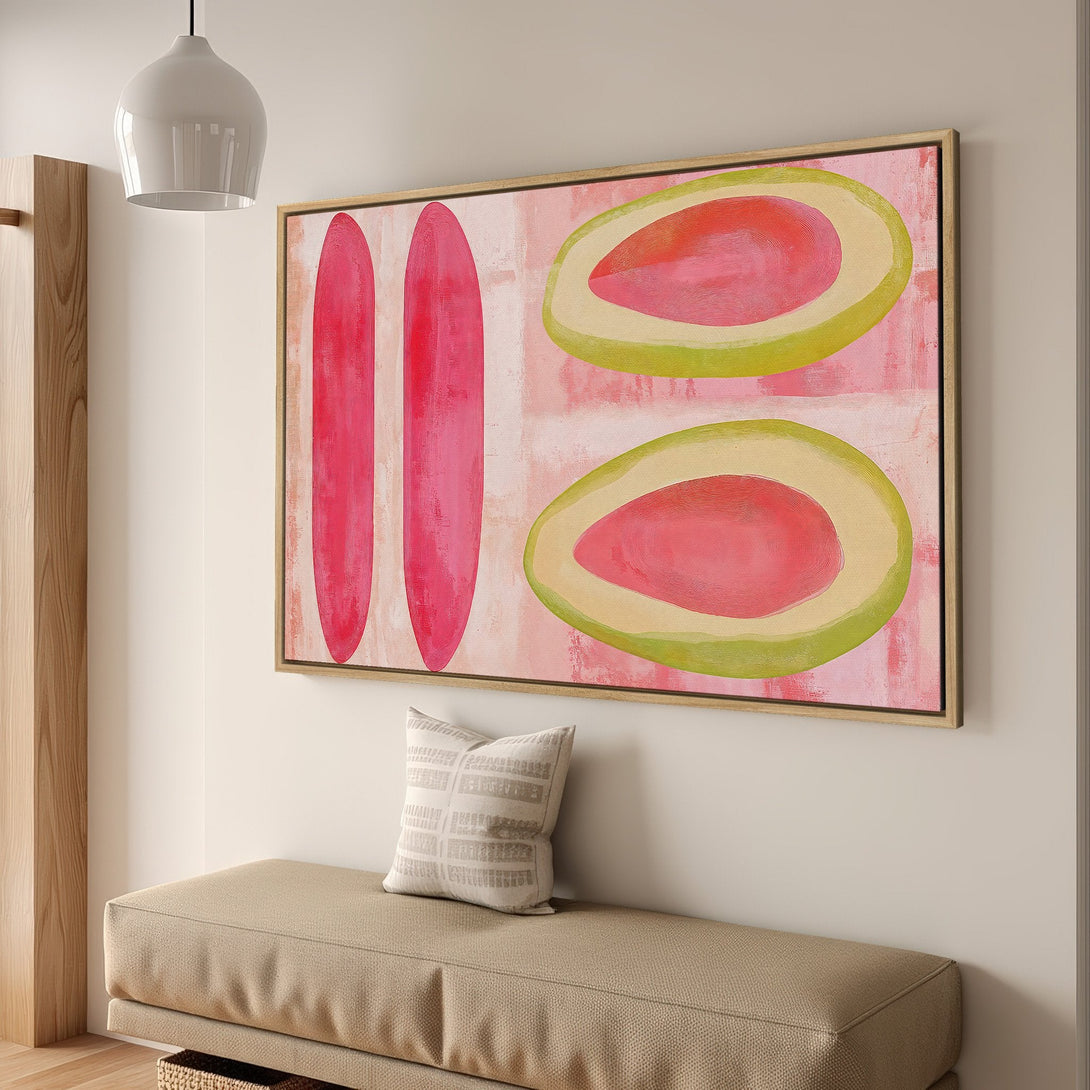 Framed Wall Art featuring abstract fruit art in pink and green hues. Modern style Canvas Print adds a pop of color to any space.