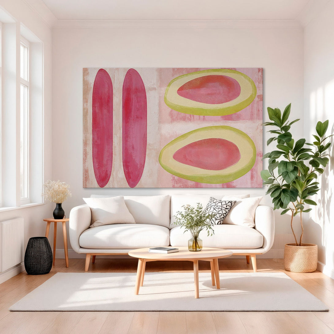 Framed Wall Art: Abstract art print featuring pink and green fruit shapes. Modern style with a soft pink and green color palette. Perfect for living room decor.