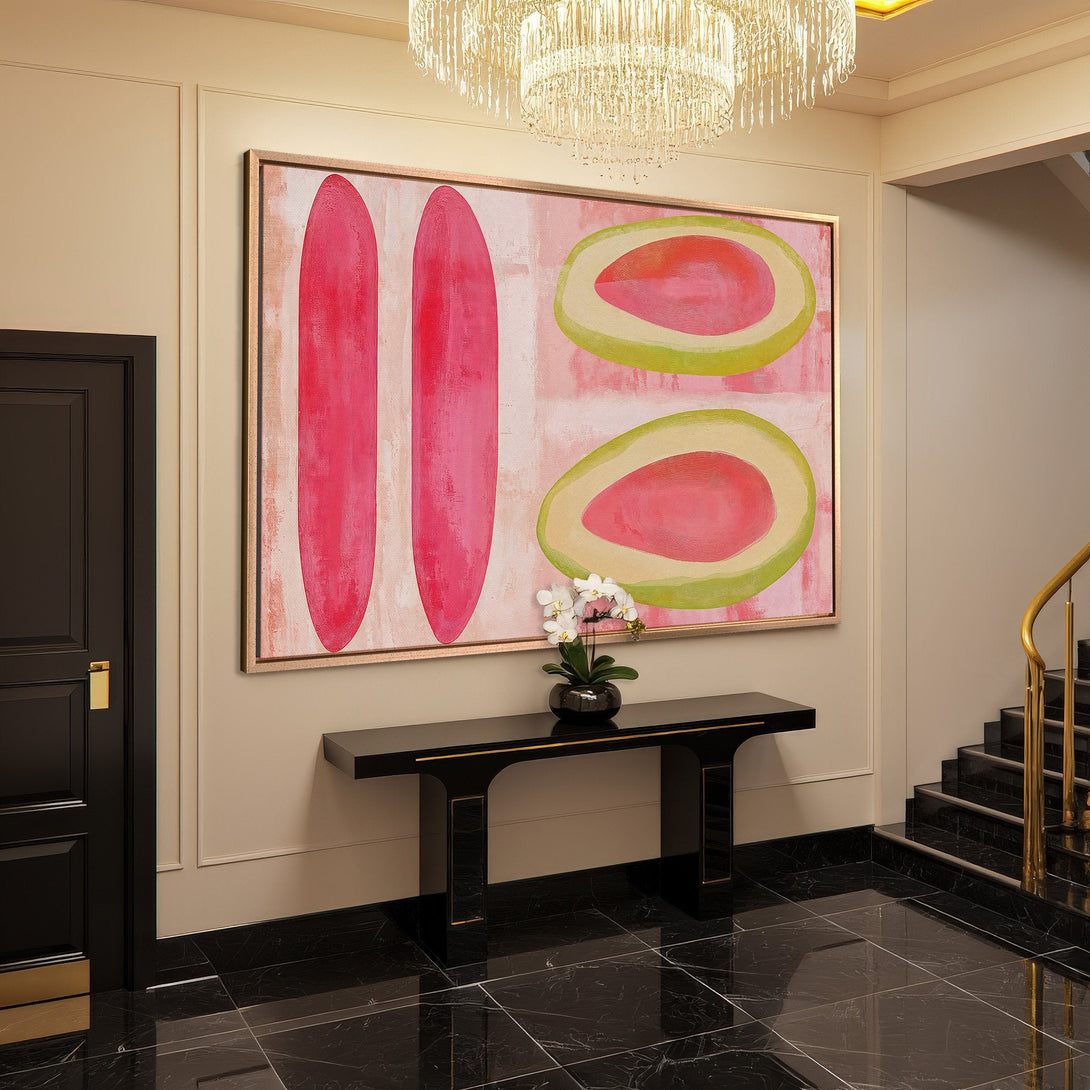 Framed Wall Art: Abstract pink and green fruit shapes. Modern art canvas print with a blush and green color palette, perfect for any interior.