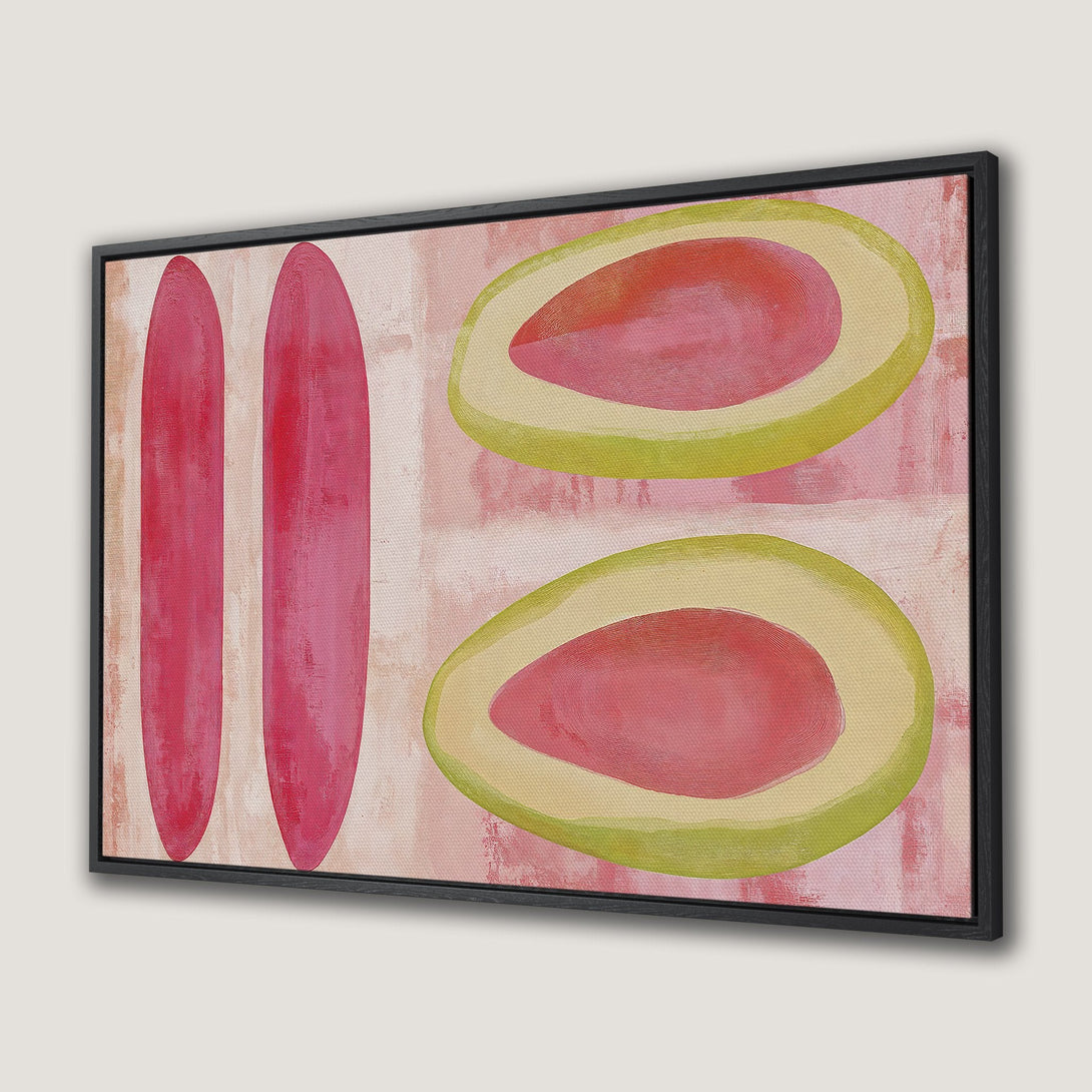 Framed Wall Art: Abstract fruit art in pink, red, and green. Modern canvas print with a minimalist style, perfect for adding a pop of color to any space.
