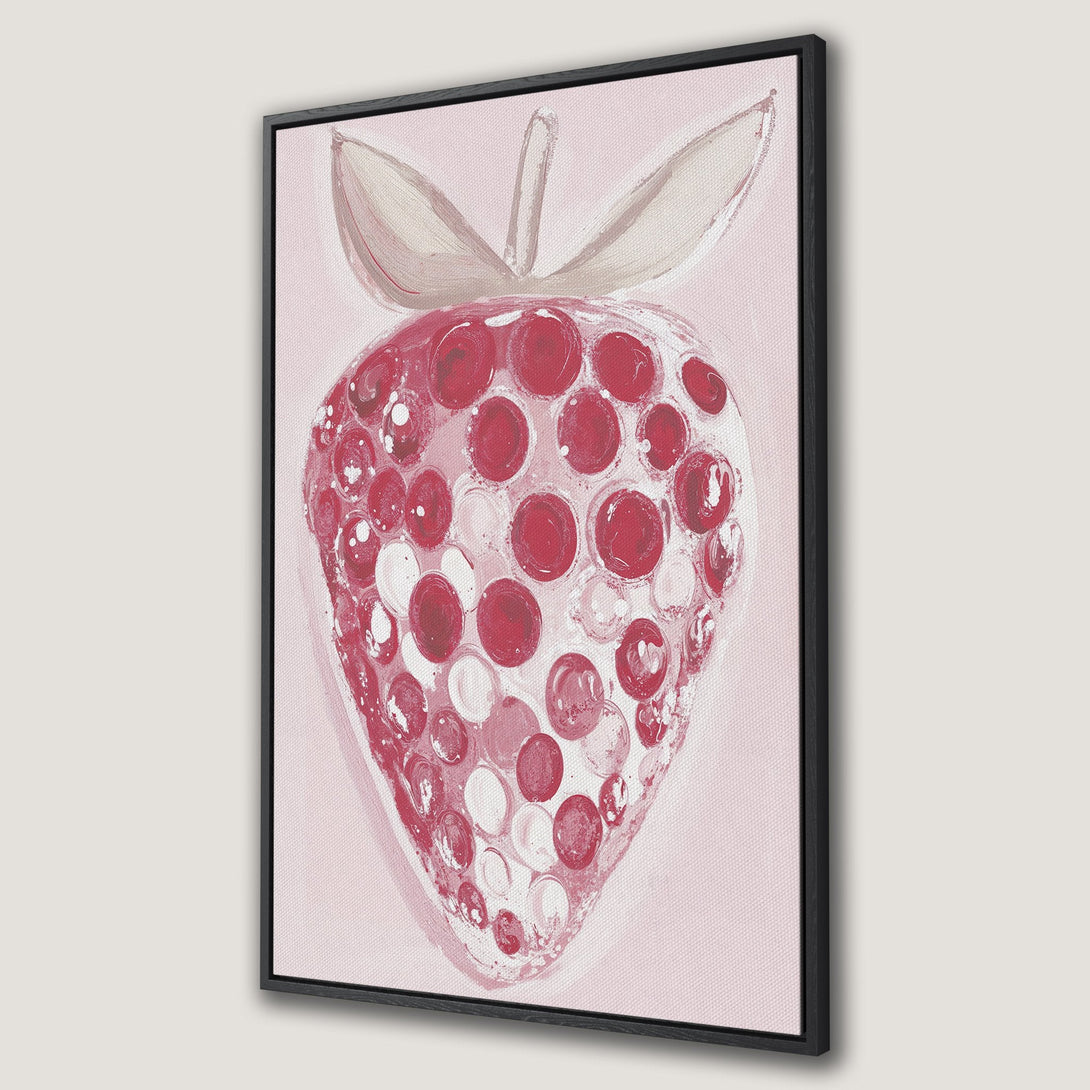 Framed Wall Art featuring a vibrant strawberry in a modern, abstract style. Pink and red color palette, perfect for kitchen or dining decor.