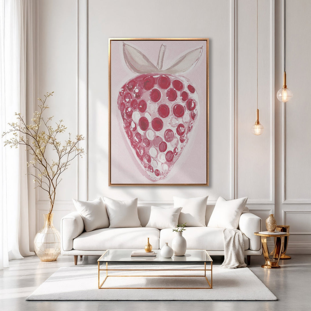Framed Wall Art: Abstract strawberry painting in a modern living room. Pink and red color palette adds a pop of color to a minimalist interior.