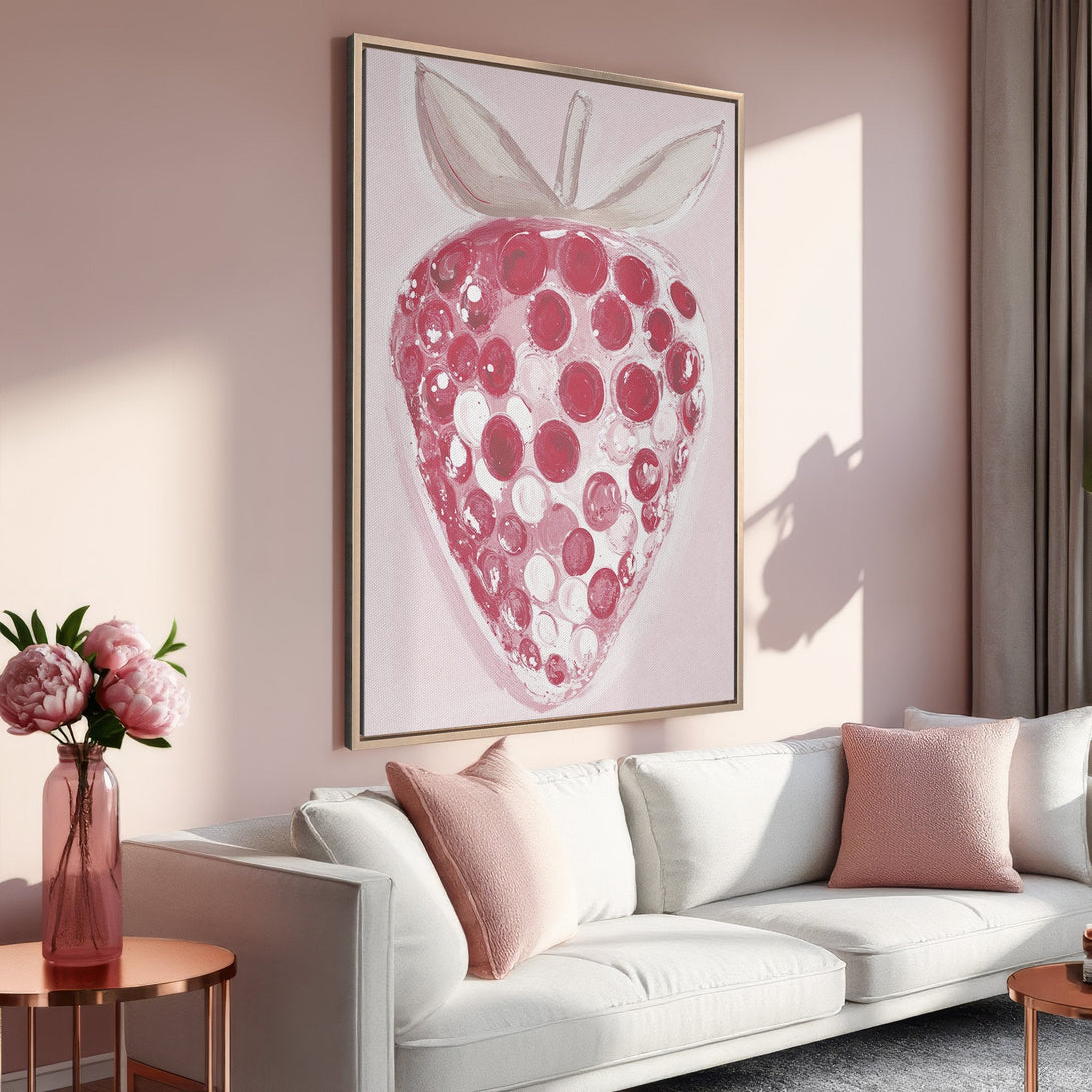 Framed Wall Art featuring a vibrant strawberry in a modern, abstract style with a pink and red color palette. Perfect for adding a pop of color to any space!