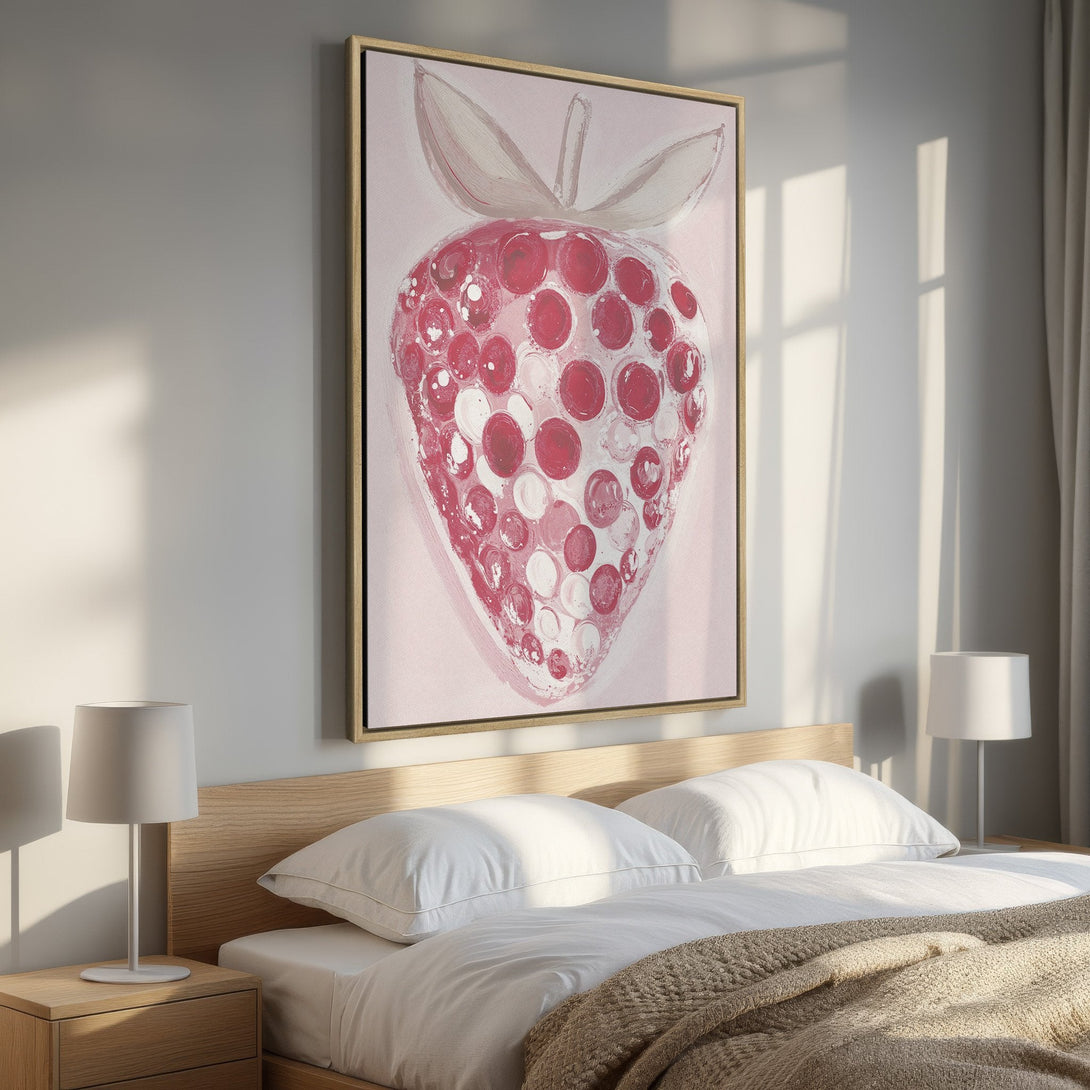 Framed Wall Art: Abstract strawberry art in pink and red hues. Modern canvas print adds a pop of color to bedroom decor. Shop now!