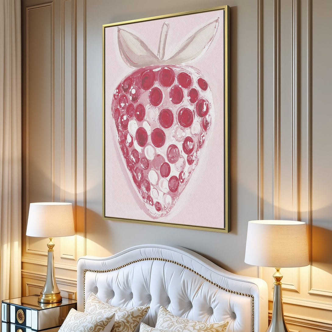 Canvas Print of a whimsical strawberry in pink and red, perfect for modern interior decor. Adds a pop of color!