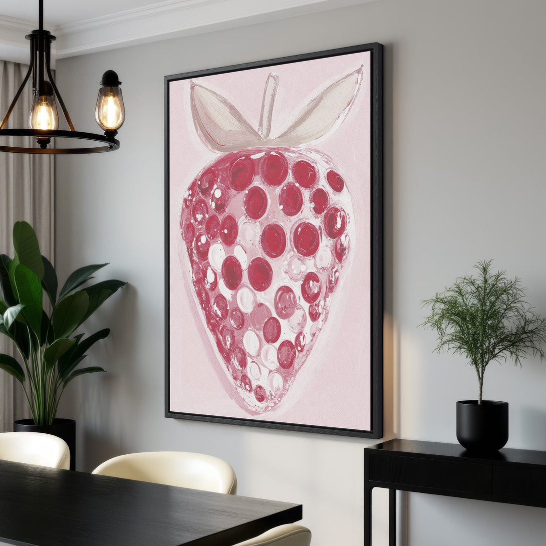 Framed Wall Art: Abstract strawberry painting in pink and red hues. Modern art canvas print adds pop of color to any interior.
