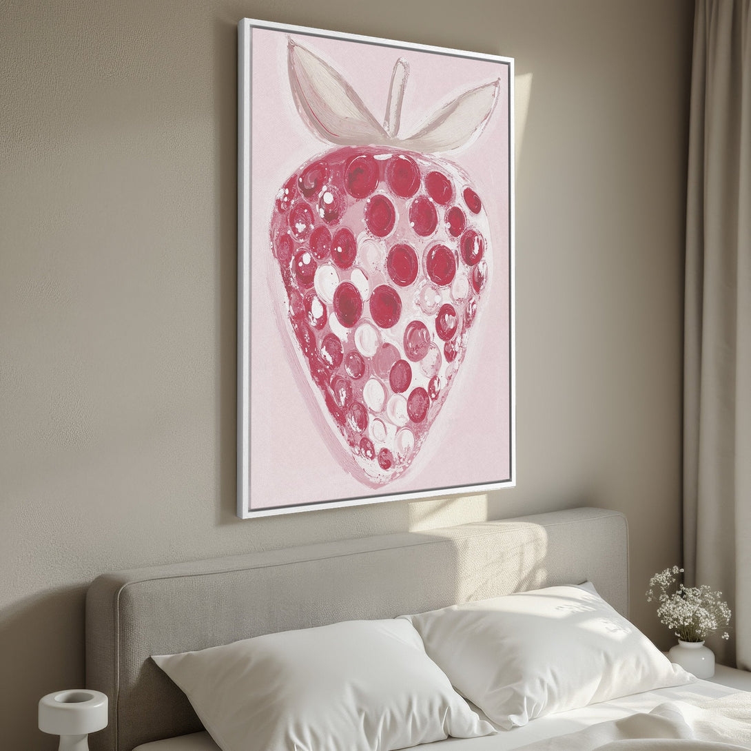 Framed Wall Art: Abstract strawberry painting in pink and red hues. Modern artwork adds a pop of color to any bedroom. Shop now!