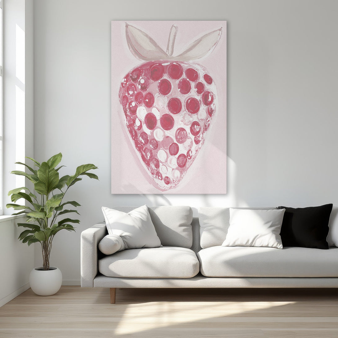 Framed Wall Art: Playful strawberry in pink and red hues. Modern art canvas print adds a pop of color and style to any bedroom decor.
