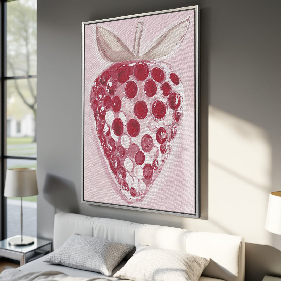 Framed Wall Art: Abstract strawberry canvas print in pink and red, perfect for modern home decor. Adds a pop of color and style to any room.