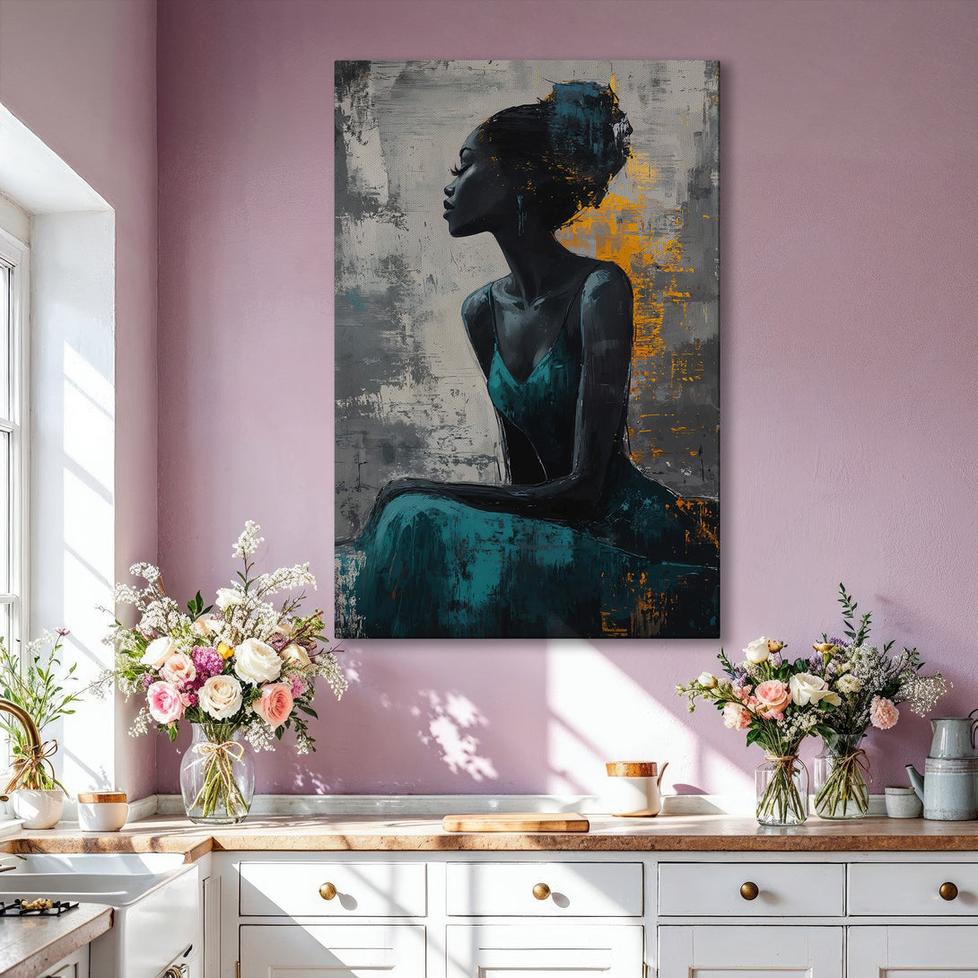 Framed Wall Art: Abstract portrait of a woman in teal, gray, and gold. Modern art canvas print adds elegance to any interior space.