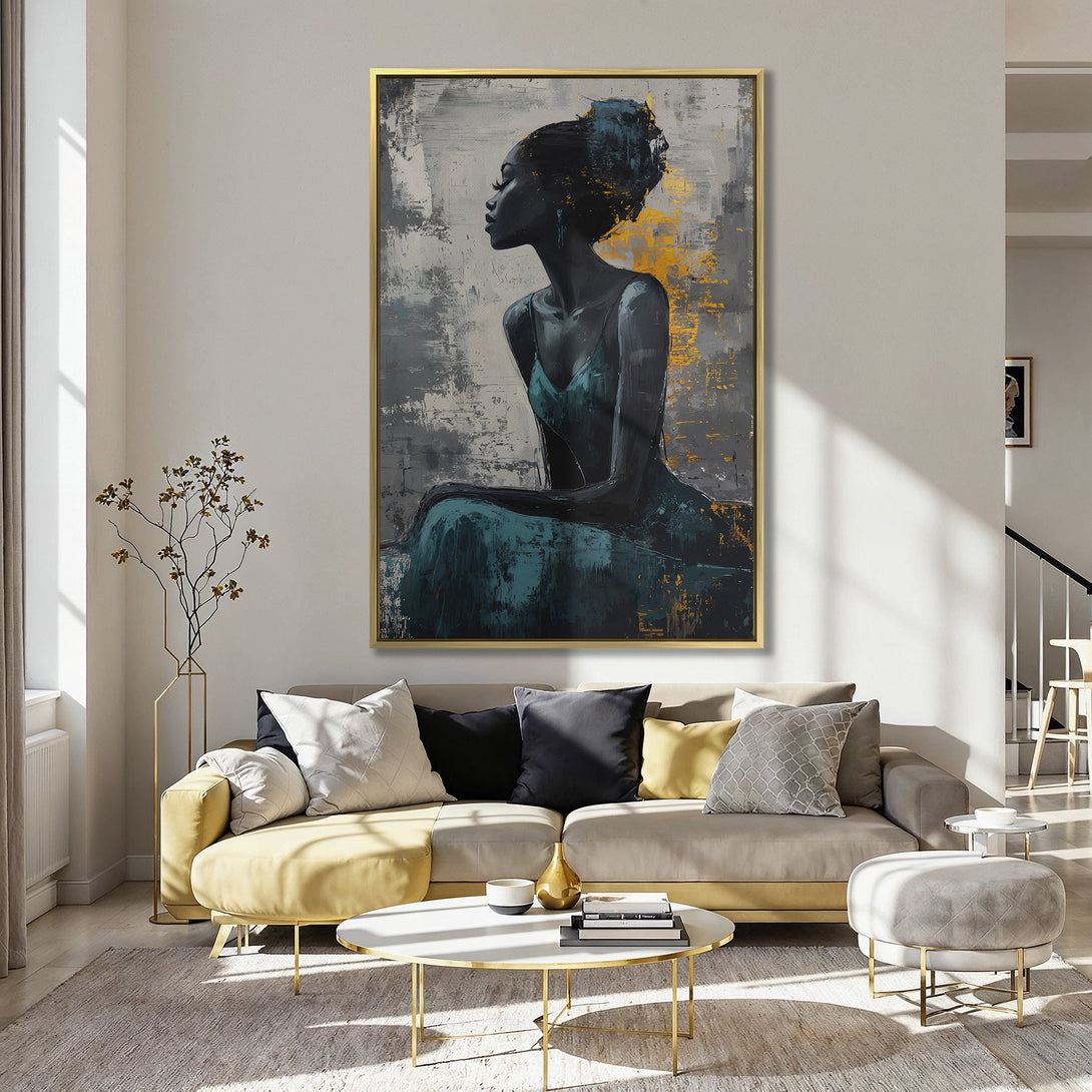Canvas Print featuring an abstract portrait of a woman in teal and black, with a gray and gold background, displayed in a kitchen with pink walls.