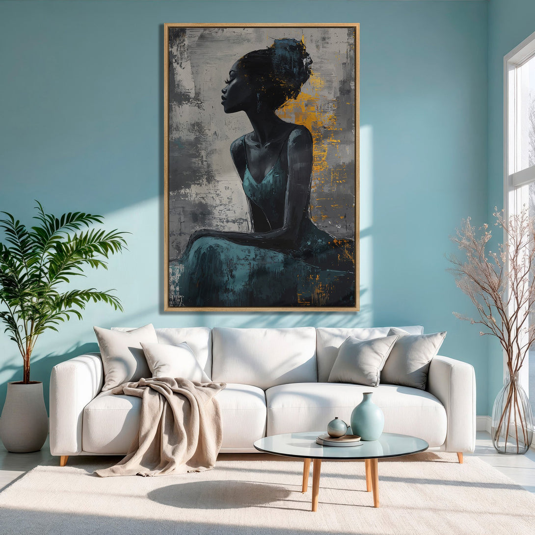 Framed Wall Art: Abstract portrait of a woman in teal and gold. Modern art in a living room with a blue and neutral color palette.