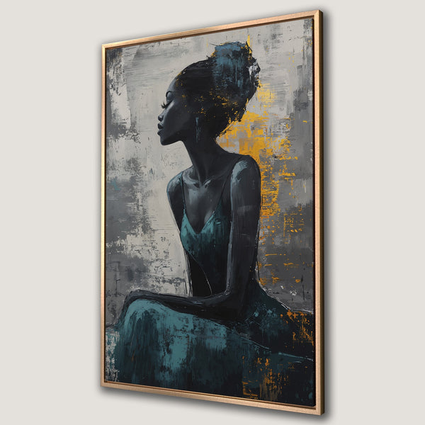 Framed Wall Art: Abstract portrait of a woman in teal and gold. Modern canvas print with a moody, artistic style. Perfect for living room decor.