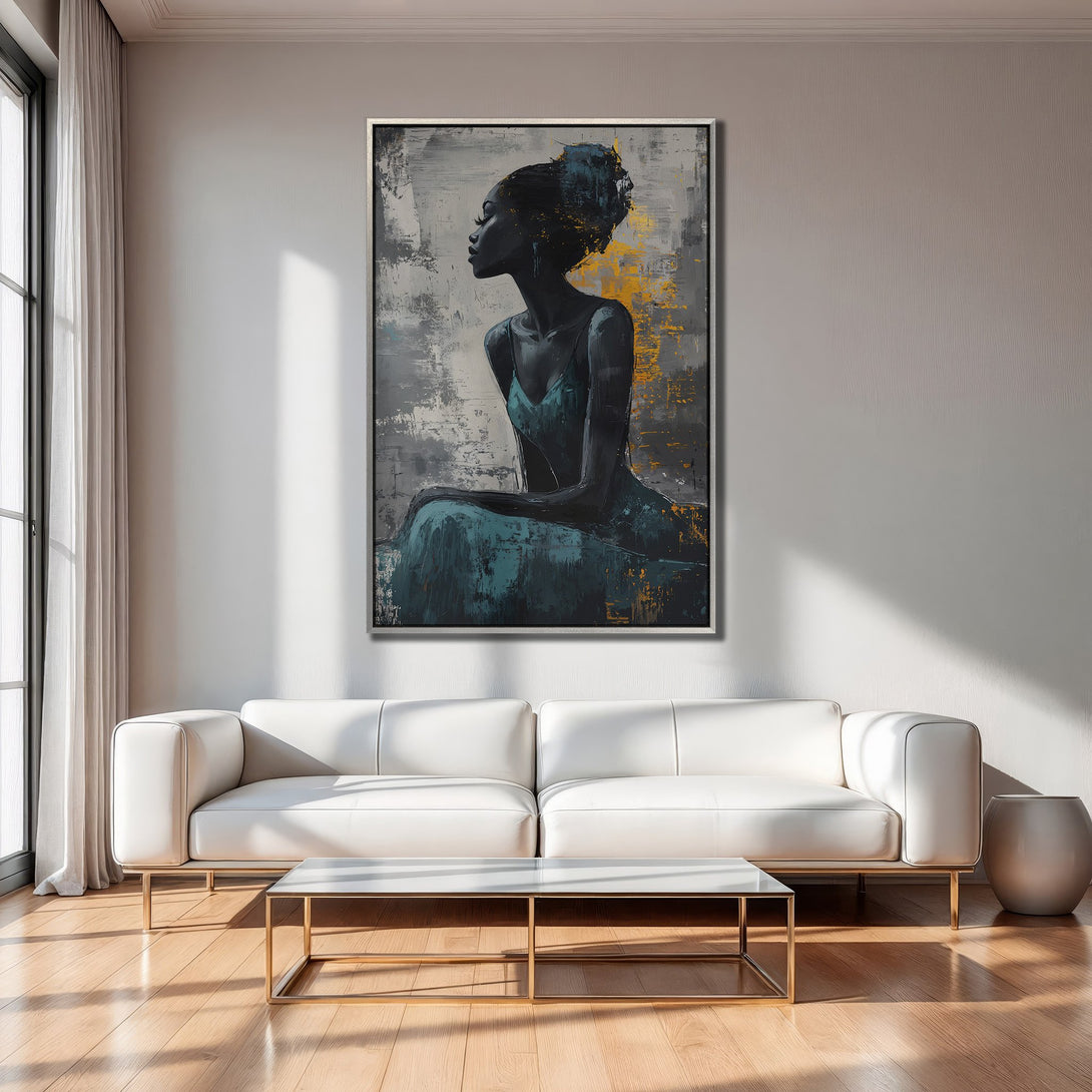 Framed Wall Art: Abstract portrait in teal, gold, and gray. Modern art canvas print adds elegance to any interior. Shop now!