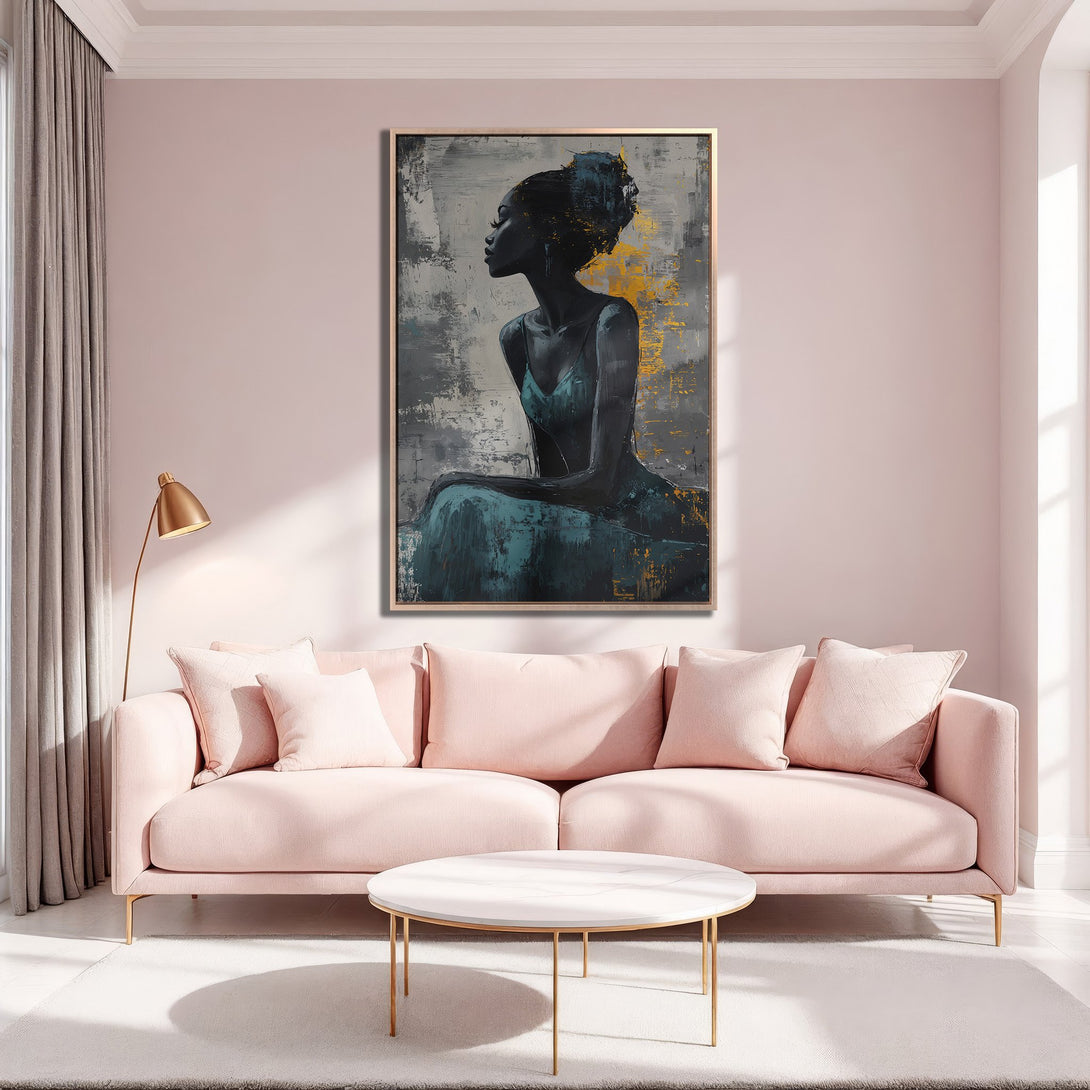 Framed Wall Art of a woman in teal dress, abstract style, displayed in a blush pink living room. Modern decor with gold accents.
