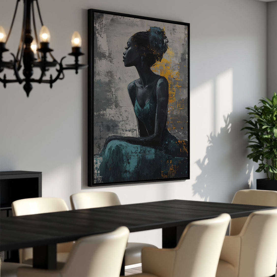 Framed Wall Art: Abstract portrait of a woman in teal and gold. Modern art canvas print with a neutral gray background, perfect for any interior.