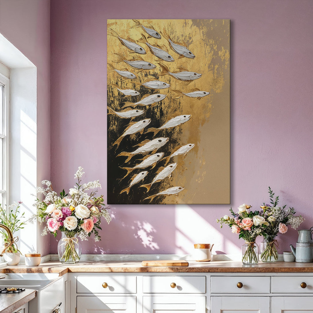 Framed Wall Art: Abstract fish painting in gold and white tones. Modern art for living room decor. Adds a touch of elegance and style.