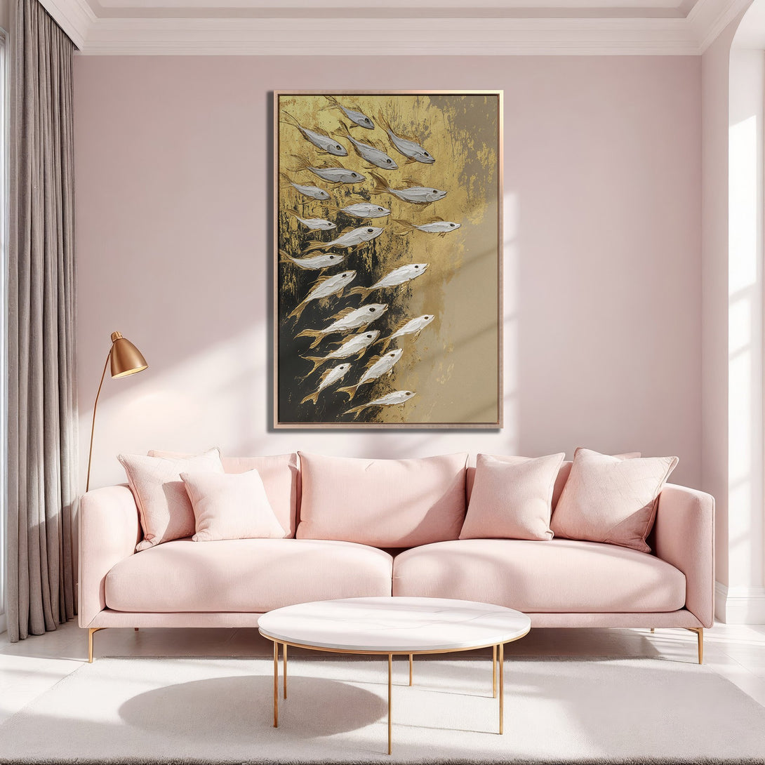 Framed Wall Art featuring a school of fish in gold and white, perfect for adding a touch of elegance to any space. Soft pink and gold color palette.