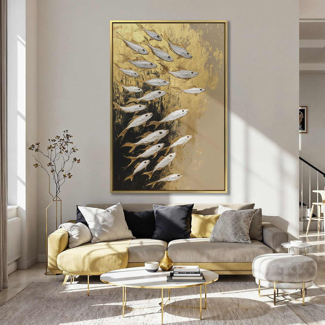 Canvas Print: Abstract fish art in gold, white, and black. Modern wall decor with a warm, inviting color palette for a stylish interior.