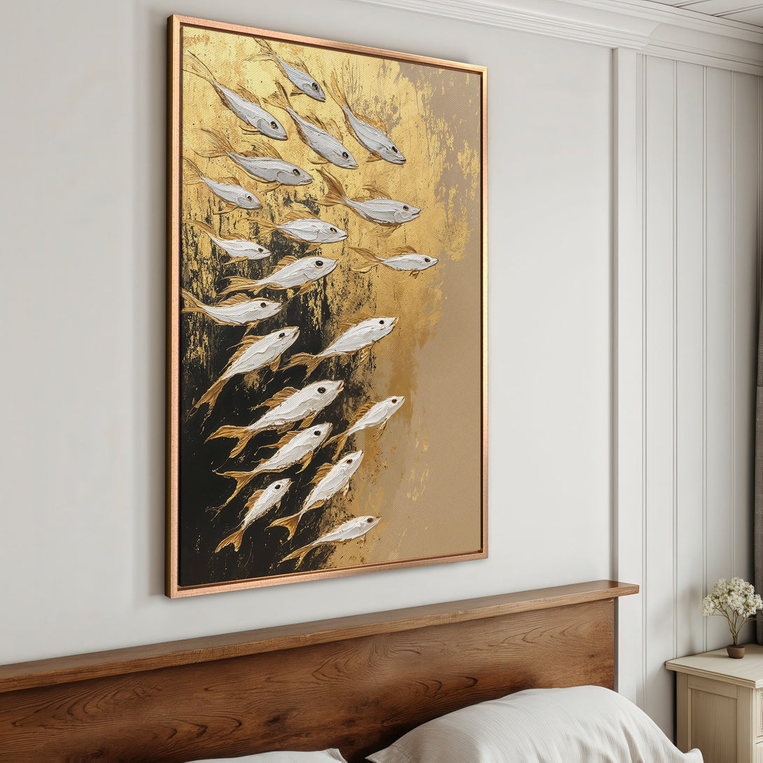 Framed Wall Art: Abstract fish painting in gold, white, and black. Modern art canvas print for bedroom decor. Adds a touch of luxury.