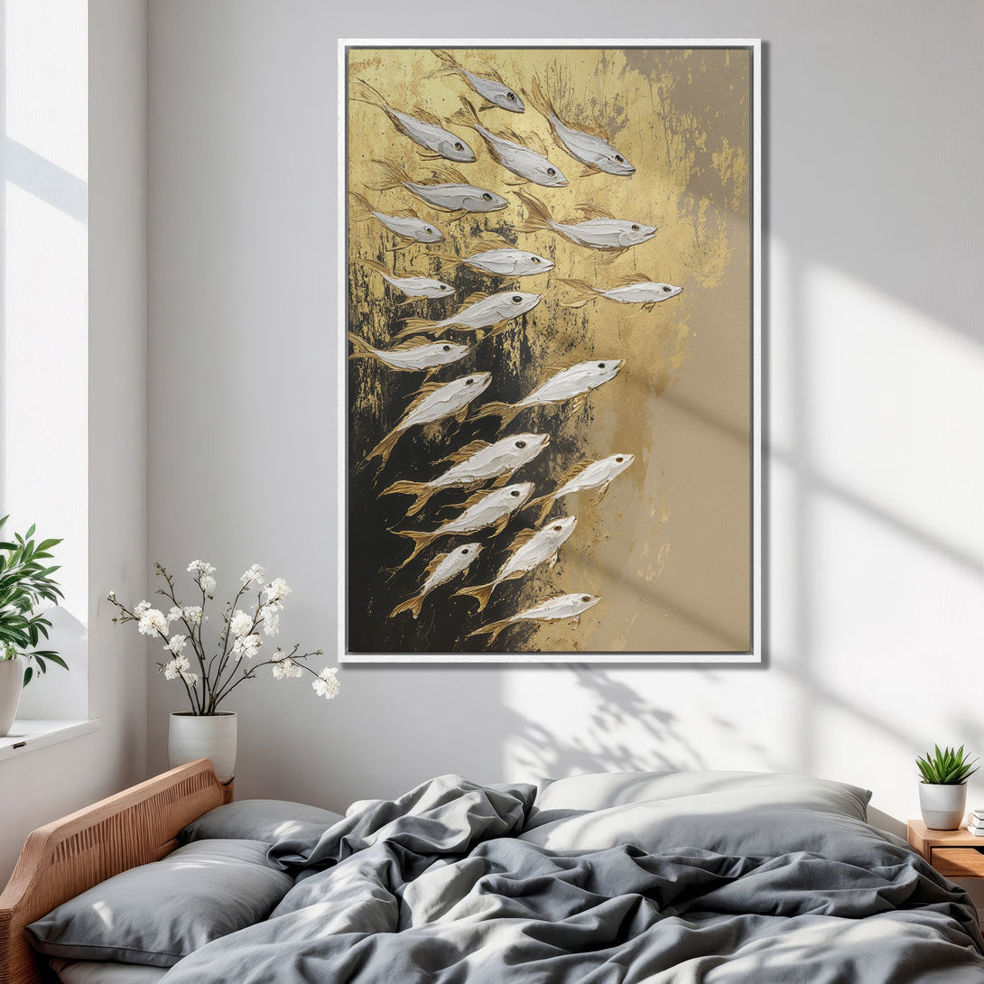 Framed Wall Art featuring a school of fish in gold and white, perfect for bedroom decor. Modern abstract style with a neutral color palette.