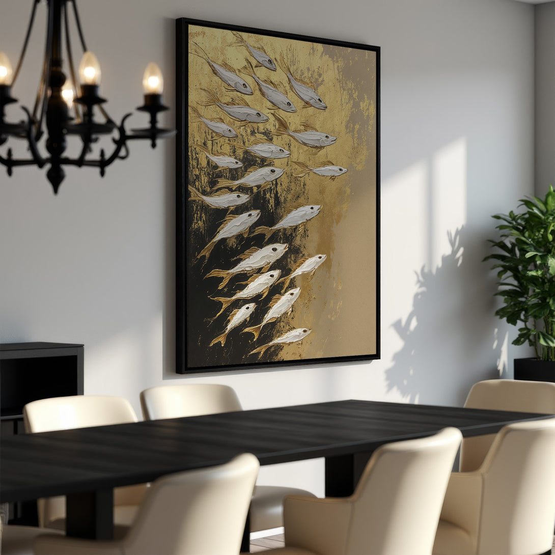 Framed Wall Art featuring a school of fish in a gold and white abstract style. Perfect for adding a touch of elegance to any dining room.