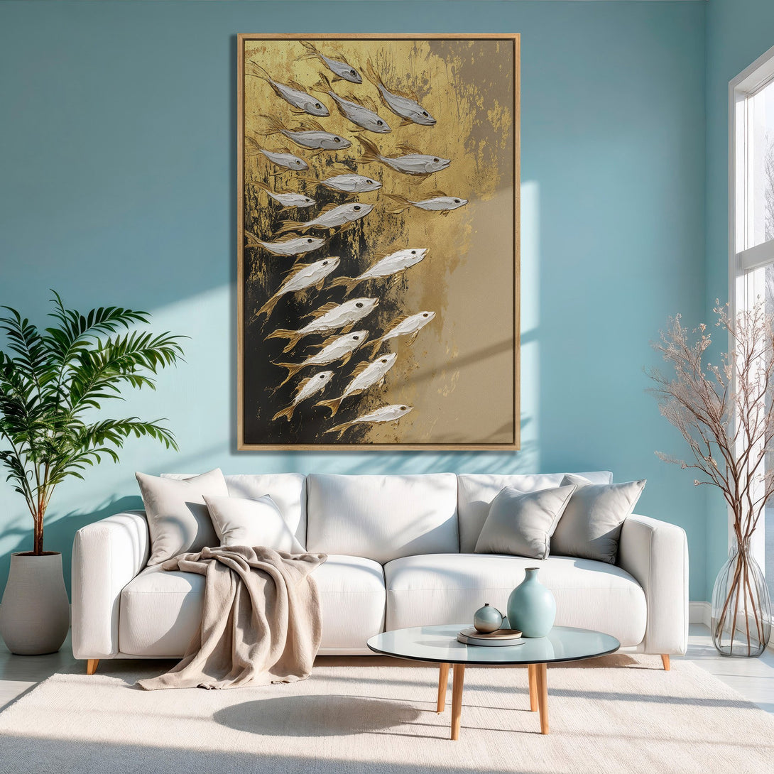 Framed Wall Art: Abstract fish painting in gold, white, and black. Modern art canvas print adds elegance to any living room.