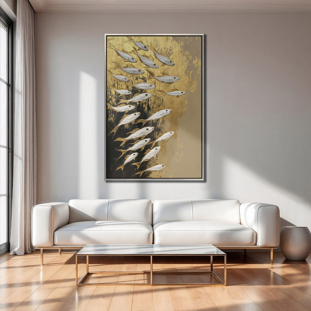 Framed Wall Art: Abstract fish painting in gold, white, and black. Modern art decor for living room. Neutral color palette, adds elegance.
