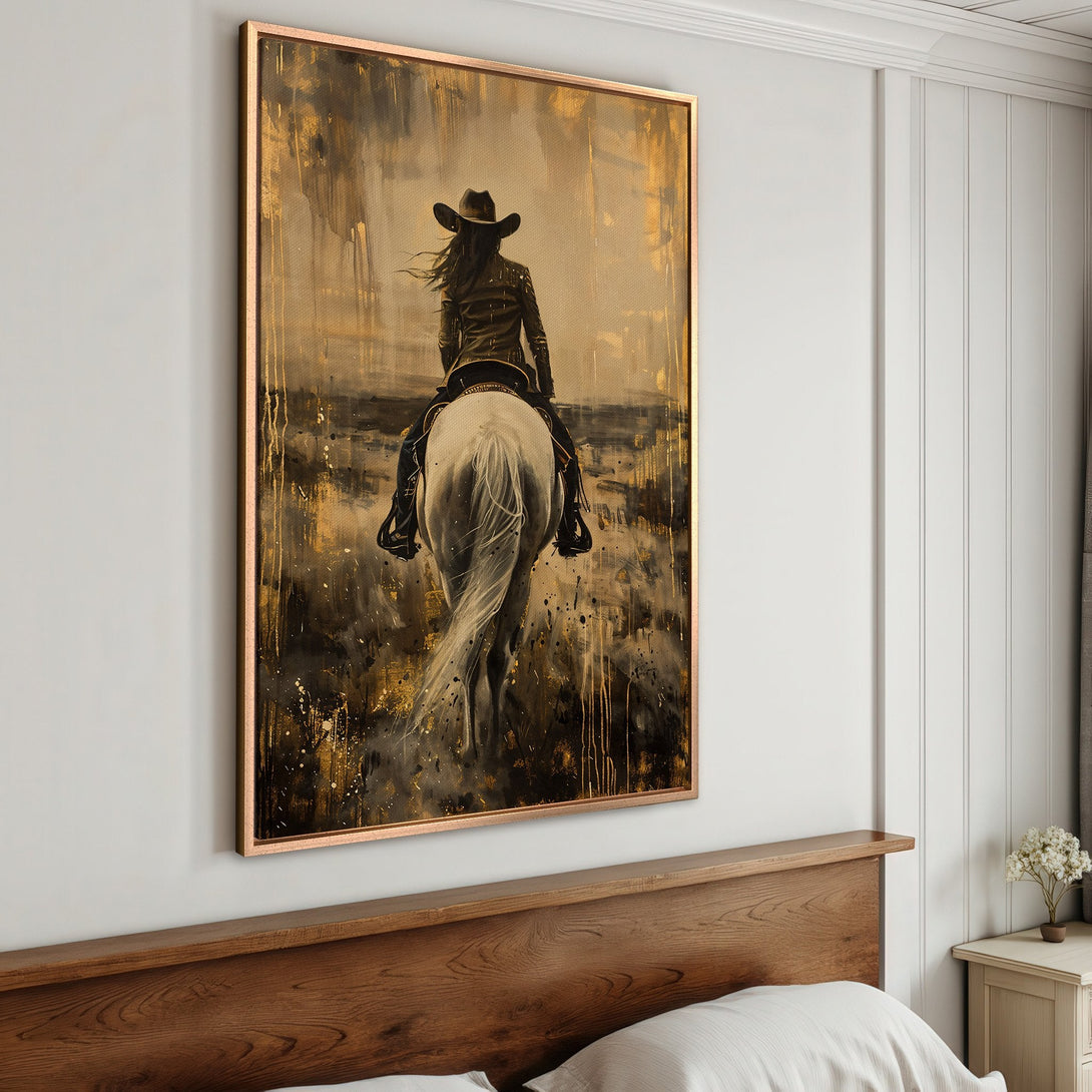 Framed Wall Art: Cowgirl on Horseback. Abstract painting in gold, black, and white tones. Rustic decor for bedroom or living room.