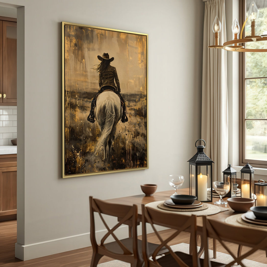 Canvas Print of a cowgirl on horseback, abstract style, with a gold and sepia color palette. Rustic wall art for your home.