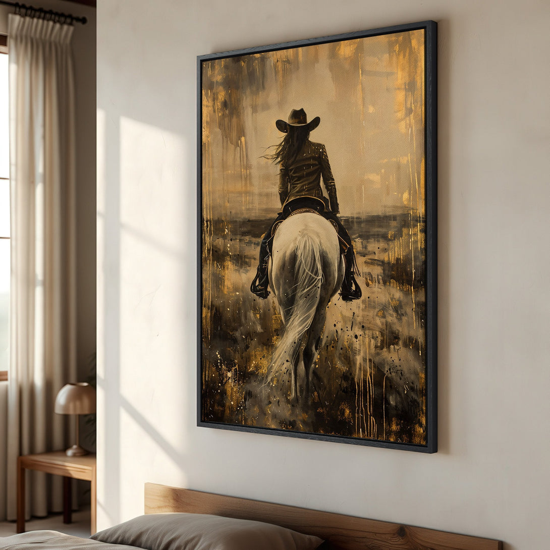 Framed Wall Art: Cowgirl on Horseback in Abstract Style. Gold and black color palette. Perfect for Western decor.