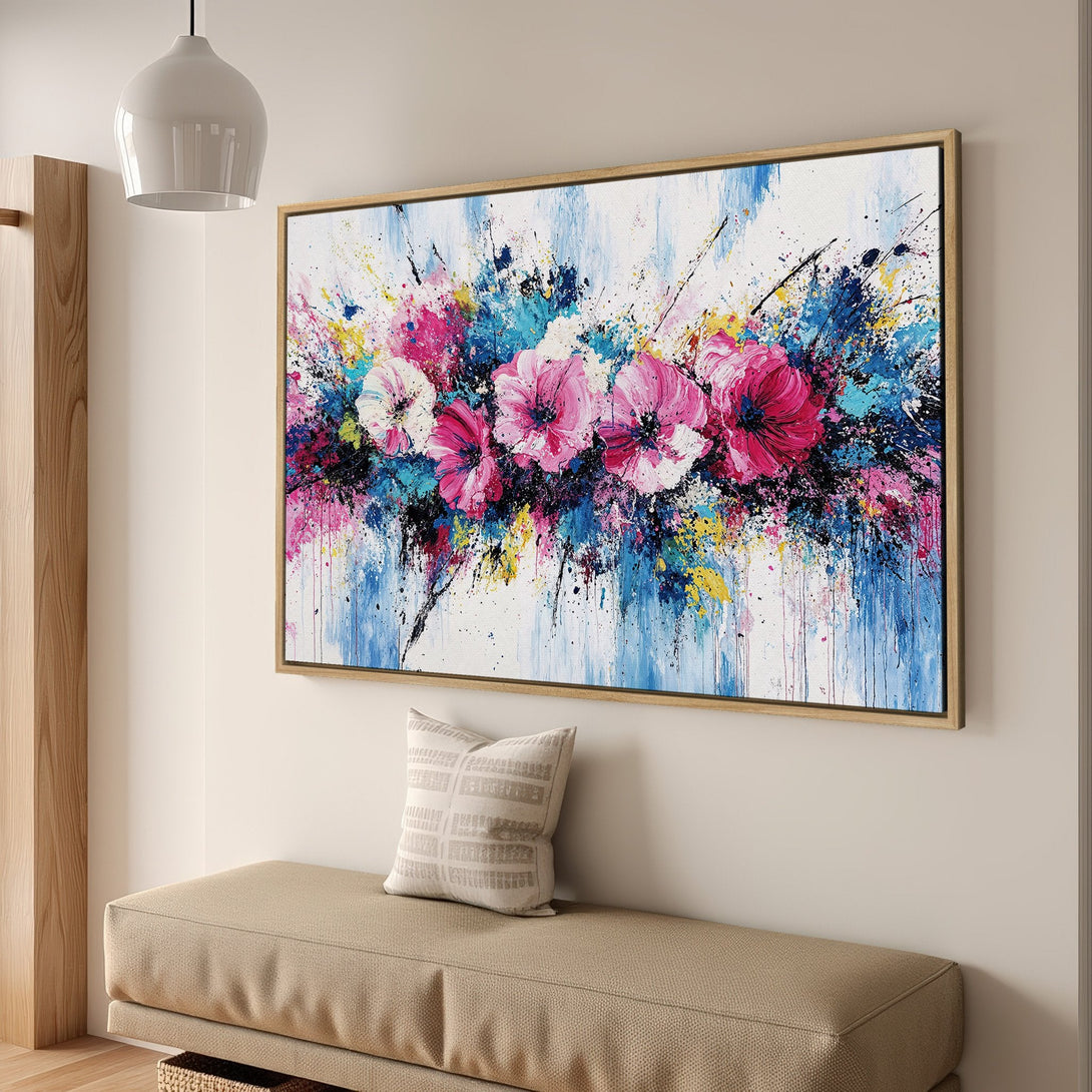 Framed Wall Art: Abstract floral painting in pink, blue, and yellow. Modern art canvas print for living room or bedroom decor.